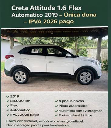 HYUNDAI CRETA 1.6 16V FLEX ATTITUDE AUTOMÁTICO HYUNDAI CRETA 1.6 16V FLEX ATTITUDE AUTOMÁTICO